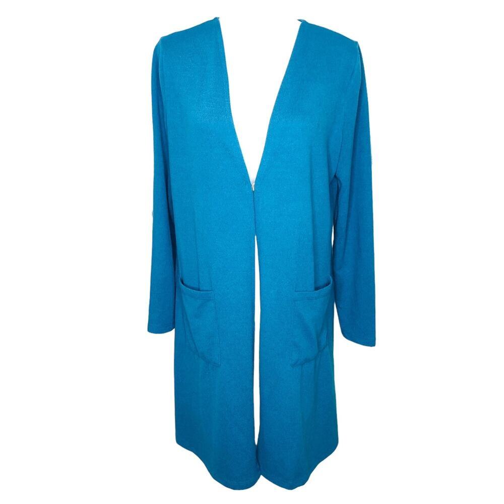 Nina Leonard Dolce Turquoise Blue Cardigan Grandmacore Open Front Pockets Medium